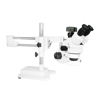 3.5X-45X Widefield Zoom Stereo Microscope, Trinocular, Double Arm Boom Stand, LED Light + 5M CMOS Digital Camera