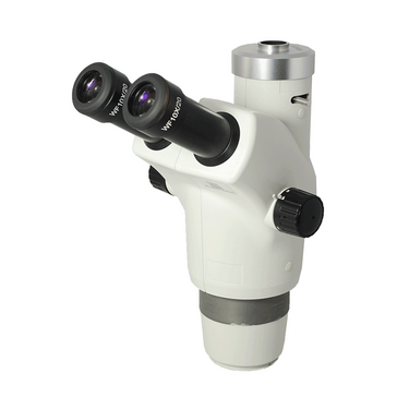 6-50X Zoom Stereo Microscope Head, Trinocular, Field of View 23mm Working Distance 115mm, SKU SZ04031132, three quarter front view