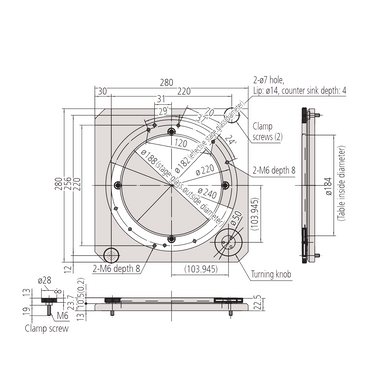 Stage Platform Dimensions 280x280mm Rotary Stage Top Diameter Dia. 240mm Rotary Table with Fine Wheel (A) Mitutoyo-176-305
