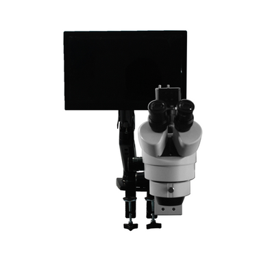 7X-45X Widefield Zoom Stereo Microscope, Trinocular, Pneumatic Articulating Arm Table Clamp + Monitor Holder