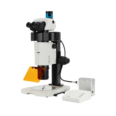 20 Megapixels 7.5-135X CMOS LED Transmitted Light Track Stand Trinocular Fluorescence Microscope, SKU Nexcope-NSZ818-Trinocular-FL-1, three quarter front view