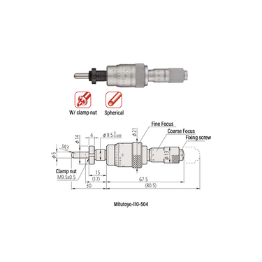 0-0.50″ Mechanical Micrometer Head Graduation 0.00002″ 0.5" Spherical (SR3) with Clamp Nut Extra-Fine Feeding Mechanical Micrometer Head (Thimble Diameter: Dia. 21mm, Spindle Diameter: Dia. 5mm, Coarse/Fine Focus) Mitutoyo-110-504-10