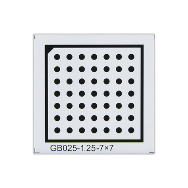 Manufacturing Precision ±10μm Acrylic Dot Calibration Target compatible with Halcon (25x25mm 7x7), SKU CT20010501, three quarter front view