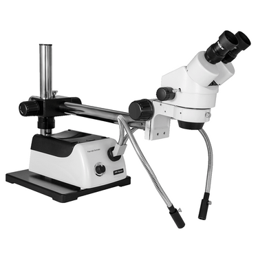 7X-45X Widefield Zoom Stereo Microscope, Brinocular, Single Arm Boom Stand + Halogen Fiber Optic Illuminator