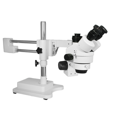 7X-45X Widefield Zoom Stereo Microscope, Trinocular, Double Arm Boom Stand with Arbor