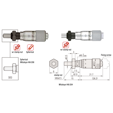 0-0.25″ Mechanical Micrometer Head Graduation 0.001″ 0.25" Spherical with Clamp Nut Mechanical Micrometer Head Mitutoyo-148-208-10