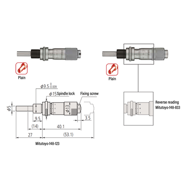 0-0.50″ Mechanical Micrometer Head Graduation 0.001″ 0.5" Flat Mechanical Micrometer Head (with Spindle Lock, Thimble Diameter: Dia. 13mm, Reverse Reading) Mitutoyo-148-833