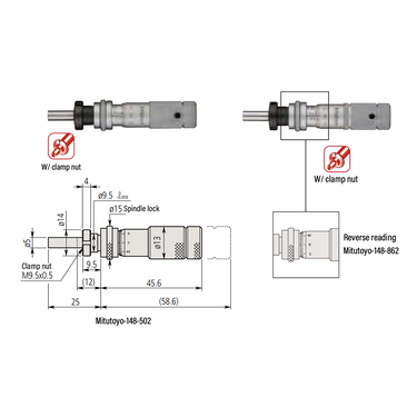 0-0.50″ Mechanical Micrometer Head Graduation 0.001″ 0.5" Flat with Clamp Nut Zero-Adjustable Mechanical Micrometer Head (with Spindle Lock, Thimble Diameter: Dia. 13mm, Reverse Reading) Mitutoyo-148-862