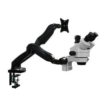 7X-45X Widefield Zoom Stereo Microscope, Trinocular, Pneumatic Articulating Arm Table Clamp + Monitor Holder
