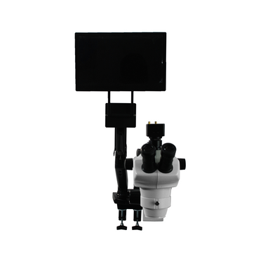 8X-50X Widefield Zoom Stereo Microscope, Trinocular, Pneumatic Articulating Arm Table Clamp + Monitor Holder
