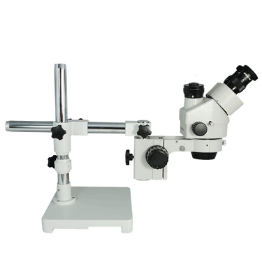 7X-45X Widefield Zoom Stereo Microscope, Trinocular, Single Arm Boom Stand with Arbor
