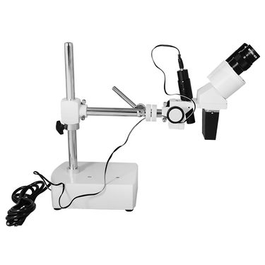5X Widefield Stereo Microscope, Binocular, Single Arm Boom Stand with Arbor, LED Top Light
