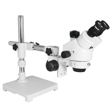 7X-45X Widefield Zoom Stereo Microscope, Trinocular, Single Arm Boom Stand with Arbor