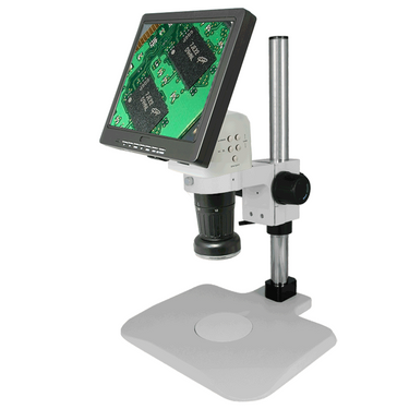 LED Video Microscope, LCD 10 in. Monitor, Industrial Inspection, Post Stand, SKU MV02010202, three quarter front view