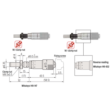 0-0.60″ Mechanical Micrometer Head Graduation 0.001″ 0.6" Flat with Clamp Nut Zero-Adjustable Mechanical Micrometer Head (Thimble Diameter: Dia. 15mm, Reverse Reading) Mitutoyo-149-832