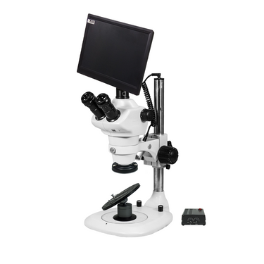 4-200X 5.0 Megapixels CMOS LED Light Post Stand LED Dual Illuminated Light  Trinocular Zoom Stereo Microscope, SKU SZ02030234, three quarter front view