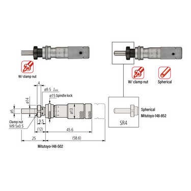 0-0.50″ Mechanical Micrometer Head Graduation 0.001″ 0.5" Spherical with Clamp Nut Zero-Adjustable Mechanical Micrometer Head (with Spindle Lock, Thimble Diameter: Dia. 13mm) Mitutoyo-148-852