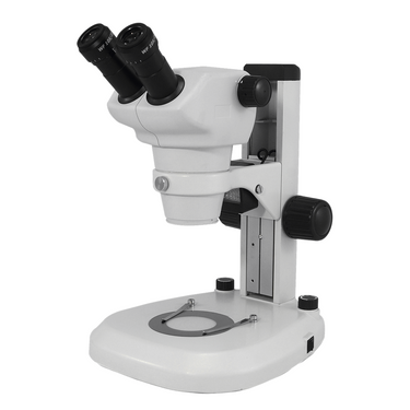 8X-50X Widefield Zoom Stereo Microscope, Binocular, Track Stand (Track Length 280mm) LED Top and Bottom Light, Fan Shaped Base, SKU SZ02030022, three quarter front view