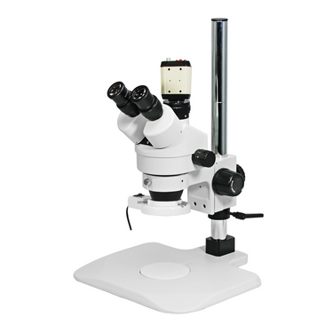2.0 Megapixels 7-45X CMOS Post Stand Fluorescence Light Trinocular Zoom Stereo Microscope, SKU SZ02010236, three quarter front view