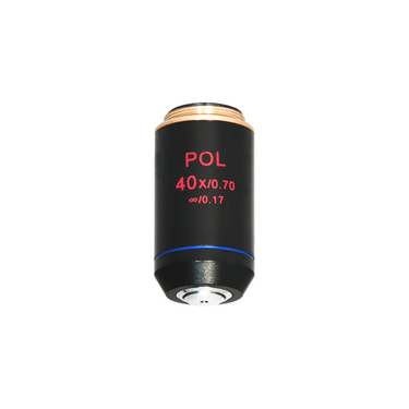40X Infinity-Corrected Achromatic POL Polarizing Microscope Objective Lens 20.3mm, 4/5in. with Black Finish, SKU PL03023512, three quarter front view