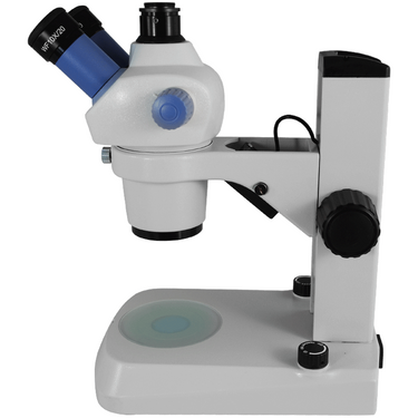 7X-30X Widefield Zoom Stereo Microscope, Trinocular, Track Stand, LED Top and Bottom Light (45° Viewing Angle)