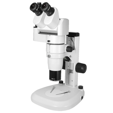 8X-80X Widefield Parallel Zoom Stereo Microscope, Trinocular, Track Stand + Single Port Photo/Video Beam Splitter, Siedentopf 0-35° Viewing Angle, SKU PZ04010332, three quarter front view