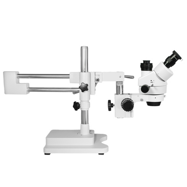 7X-45X Widefield Zoom Stereo Microscope, Trinocular, Double Arm Boom Stand with Arbor