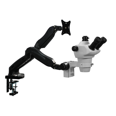 8X-50X Widefield Zoom Stereo Microscope, Trinocular, Pneumatic Articulating Arm Table Clamp + Monitor Holder