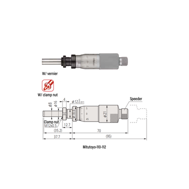 0-0.05″ Mechanical Micrometer Head Graduation 0.000005″  0.05" Flat with Clamp Nut Extra-Fine Feeding Mechanical Micrometer Head (Thimble Diameter: Dia. 21mm, Spindle Diameter: Dia. 8mm, W/Vernier) Mitutoyo-110-112